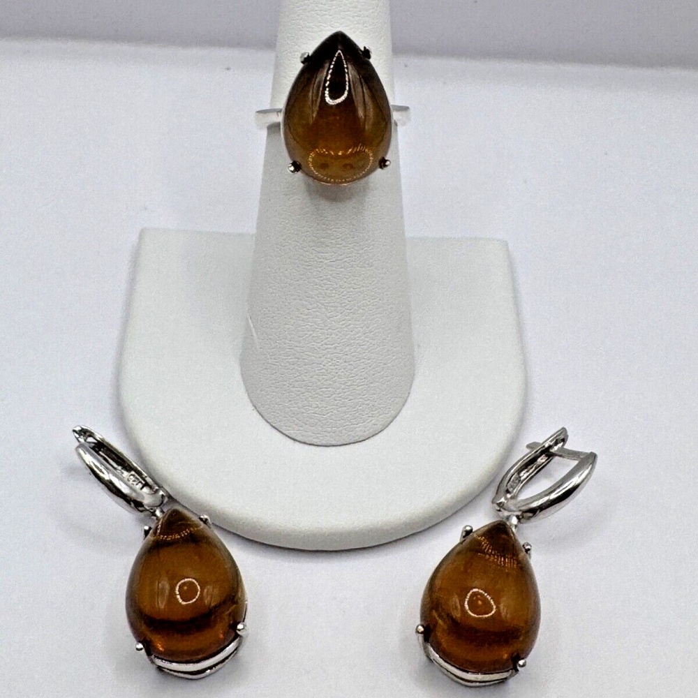 Color Change Created Zoisite Pear Cabochon Ring and Earring Set - Sterling 5.75